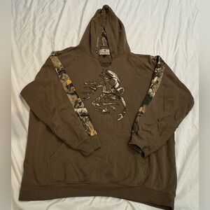 Legendary Whitetails brown XL hoodie logo & camo inside the hood & on sleeves